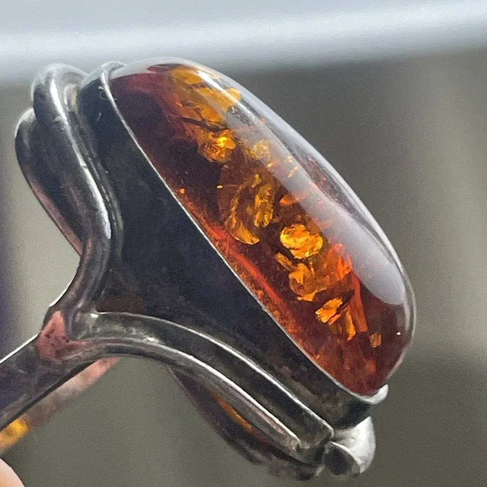 Sterling Silver Amber Ring‎ Statement Chunky 925 Calla Lily Artisan Size 6
